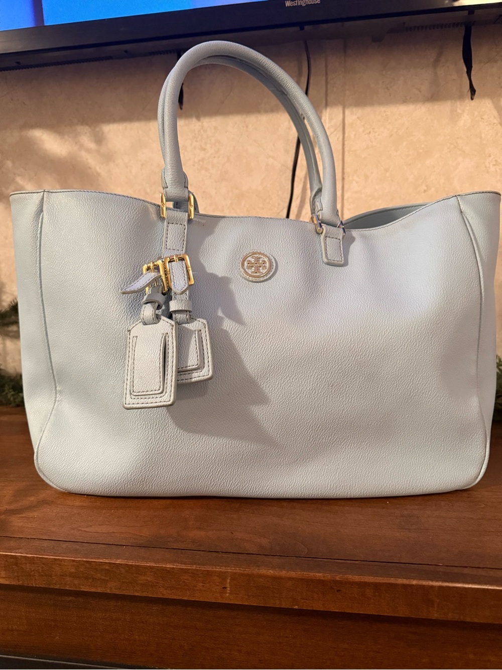 Tory Burch Pale Blue Leather Tote with Gold Hardware